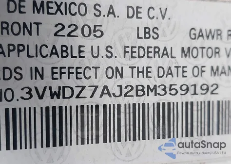 2011 Volkswagen Jetta 2.5L Se z USA, uszkodzony, nr VIN 3VWDZ7AJ2BM359192